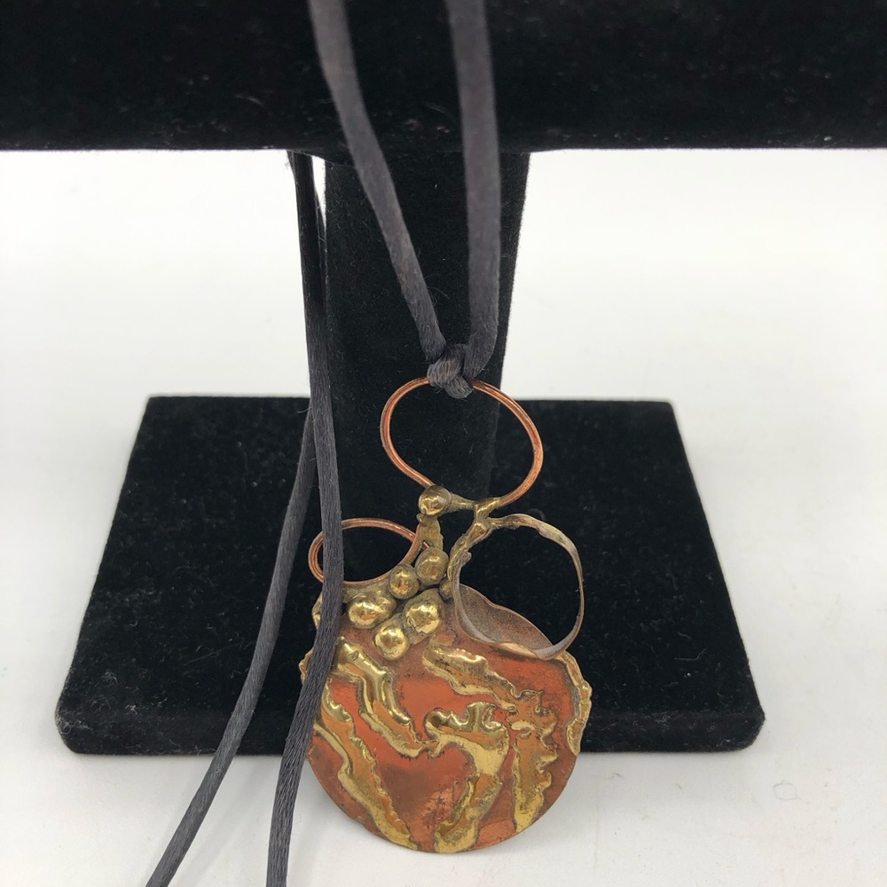 VTG Artisan Tri Metal Statement Pendant Necklace/ Pin Brass Silver Tone Copper